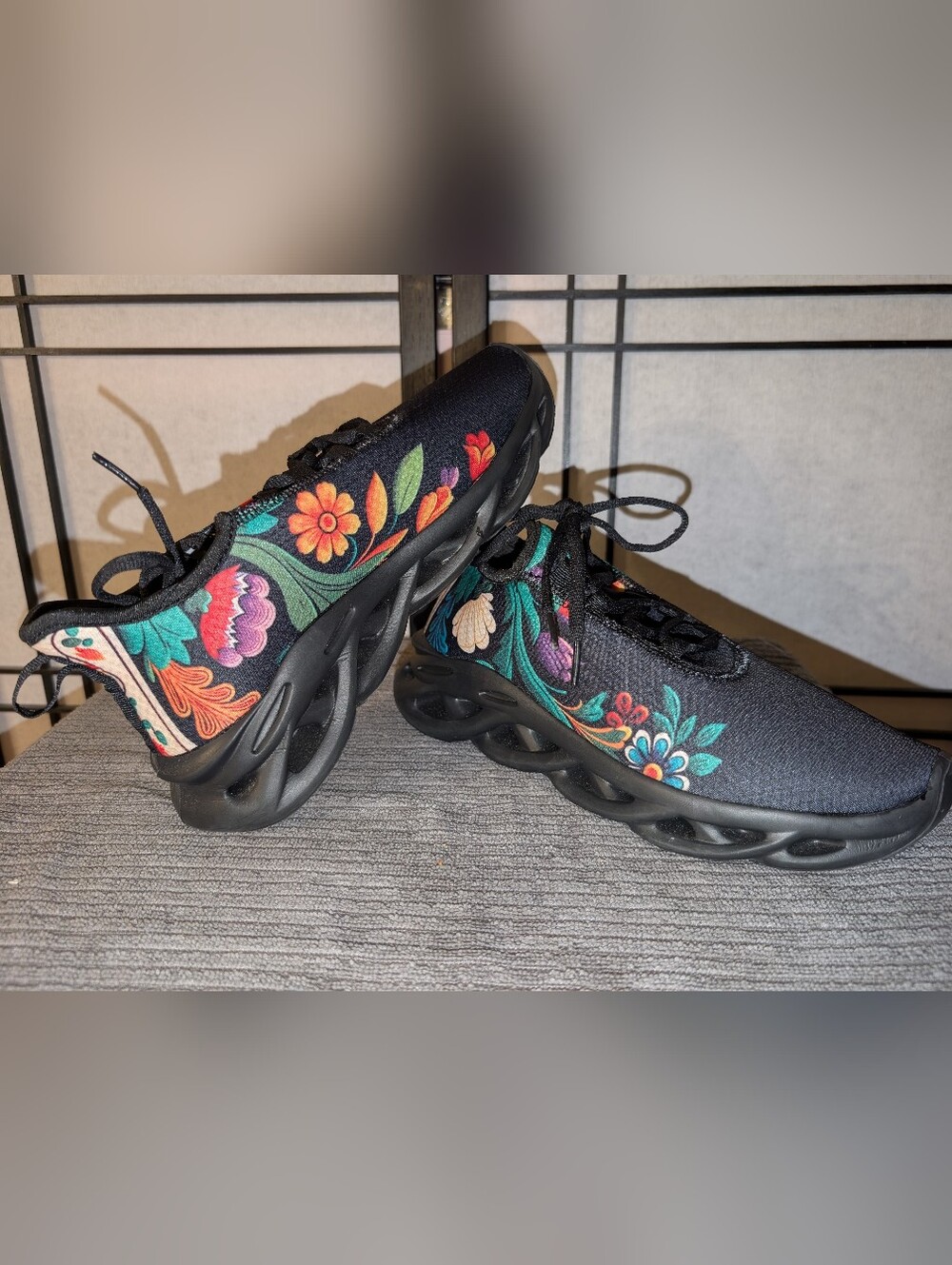 Women's Black Floral Knit Lace-Up Athletic Sneakers